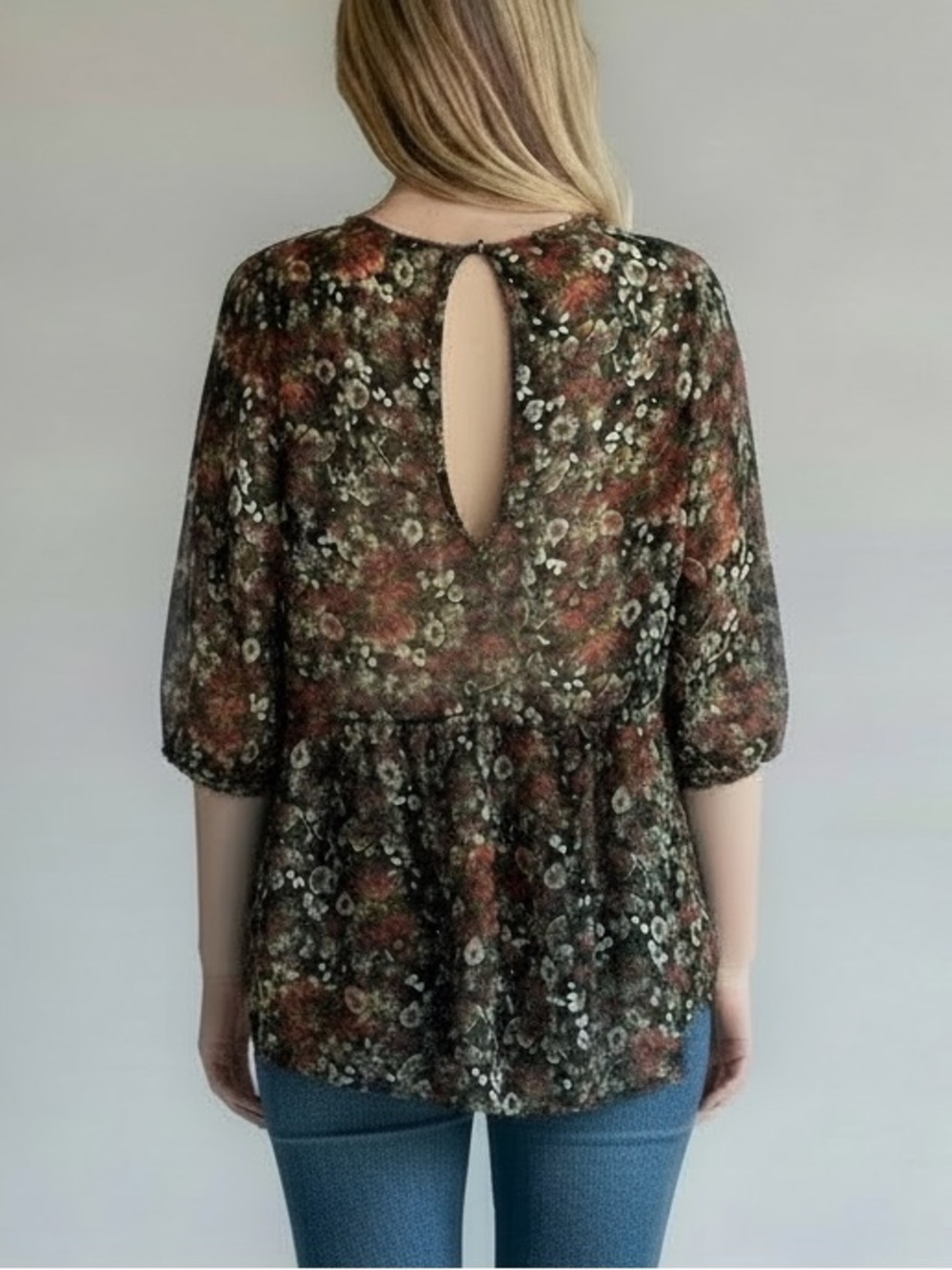 Full Tilt Floral Sheer Hi-Low Boho Style Top/Blouse Back Opening/Cutout Size M - Picture 7 of 13